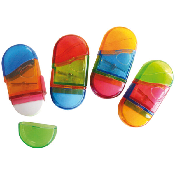 SOHO Puntenslijper met gum Twist – Kwalitatieve schrijfaccessoires – Met dop – Gum en puntenslijper combinatie – 1 Stuk – Meerkleurig